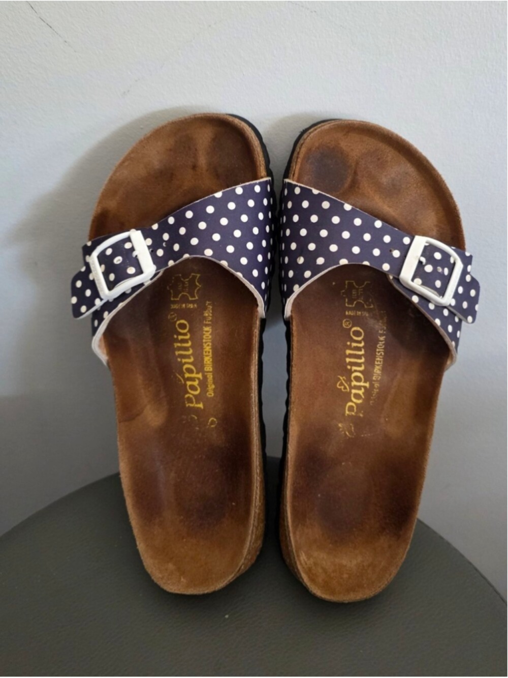 Papillio Birkenstock Madrid Polka Dot Slide Sandals Blue White Single Strap 37